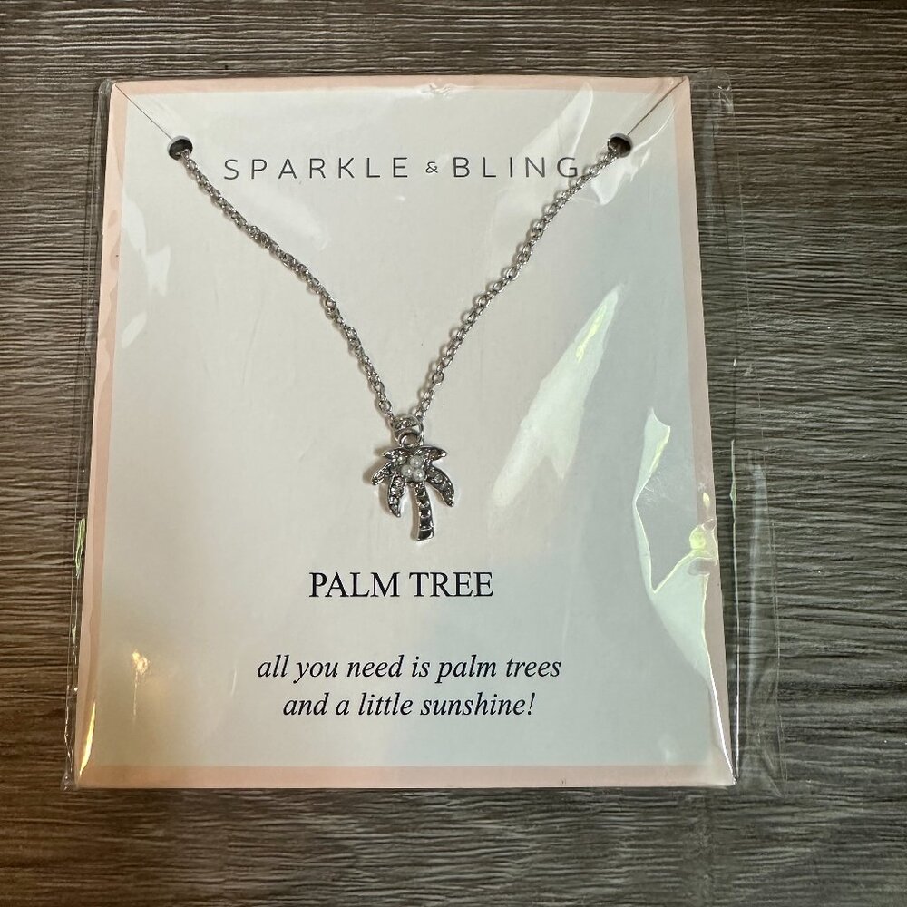 Silver Plated Rhinestone and Pearl Palm Tree Necklace